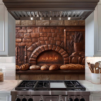 Kitchen with a decorative glass backsplash featuring a brick oven and bread, above a stove.