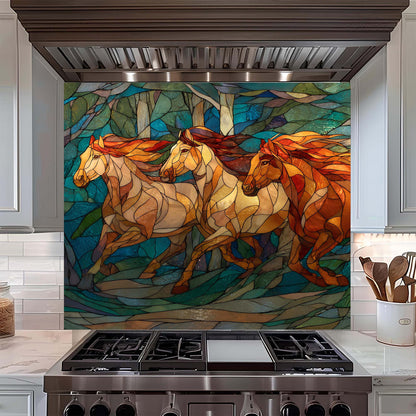 Three running horses in a stained glass forest design on tempered glass backsplash, creating a bold, elegant kitchen focal point.