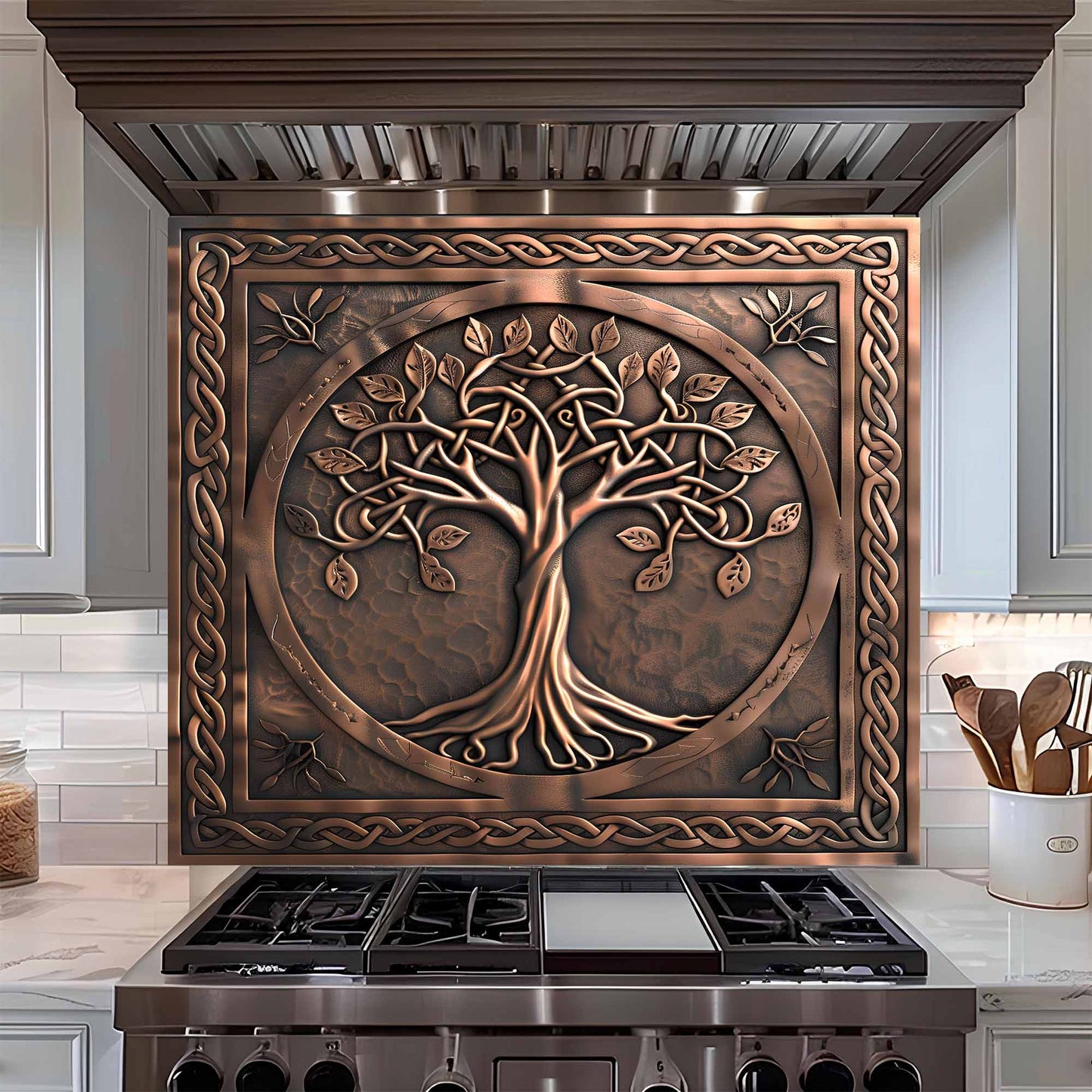 Decorative copper tree of life tempered glass backsplash above a stove in a kitchen.