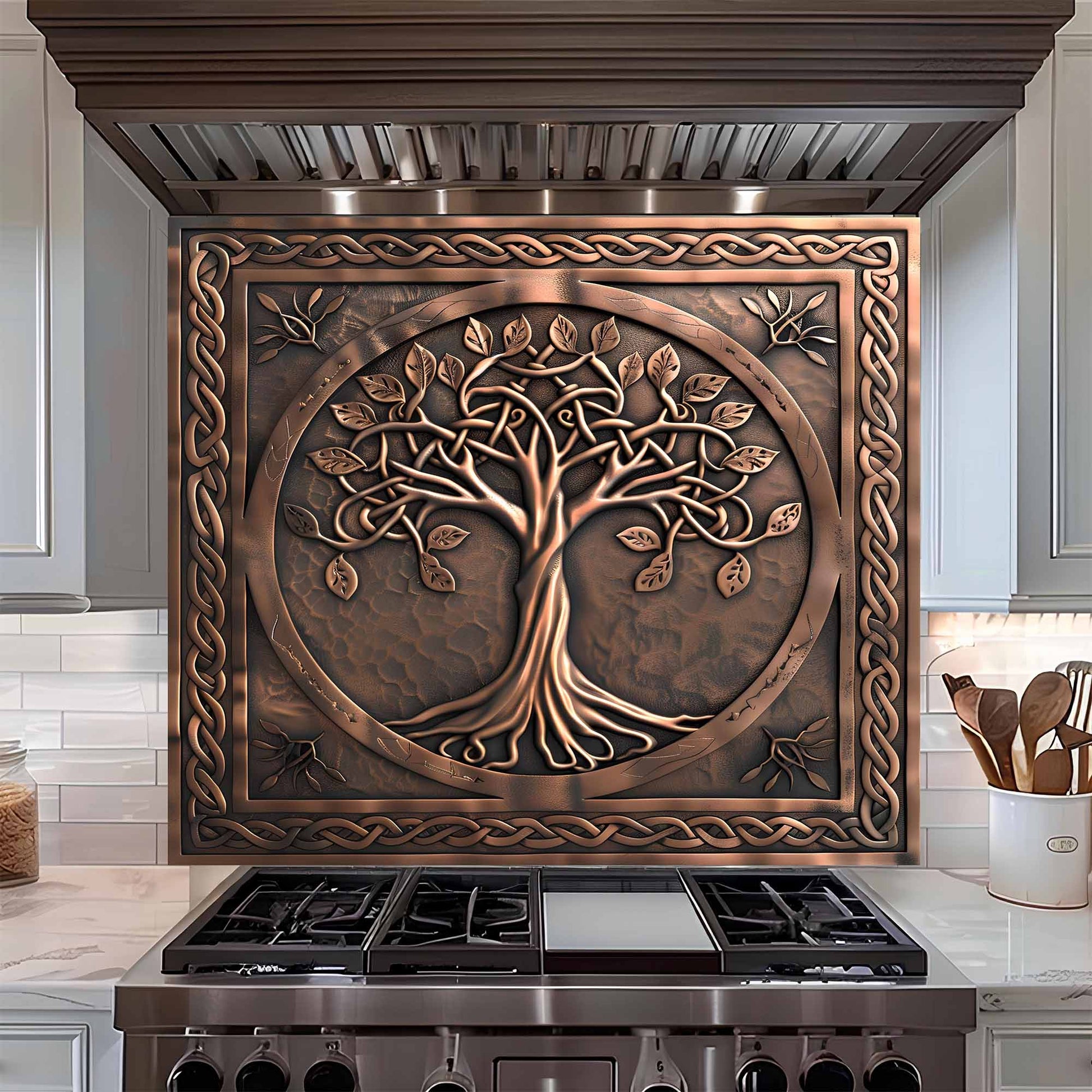 Decorative copper tree of life tempered glass backsplash above a stove in a kitchen.