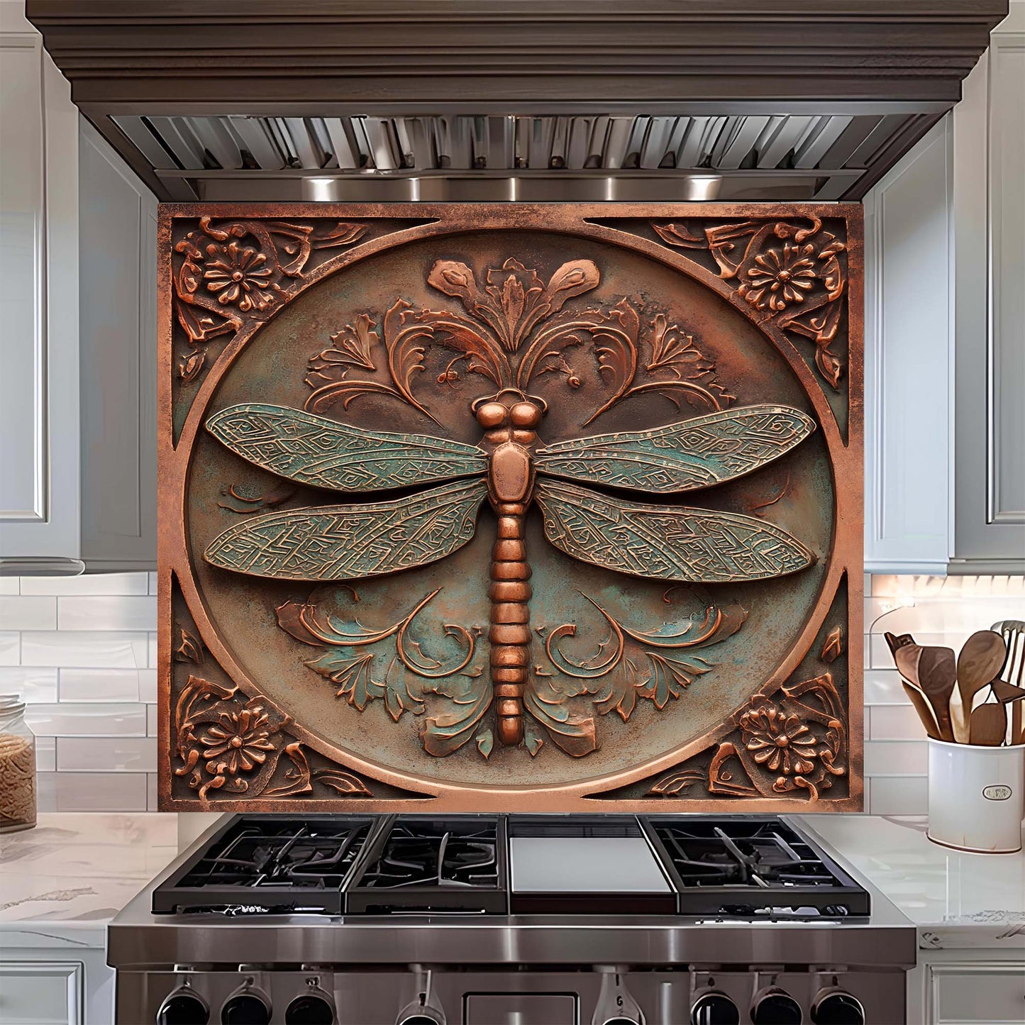Decorative copper dragonfly glass backsplash above a stove in a kitchen.
