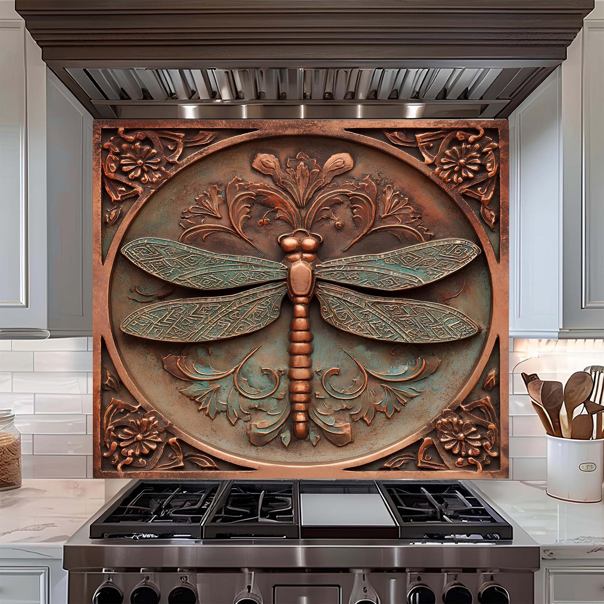 Decorative copper dragonfly glass backsplash above a stove in a kitchen.