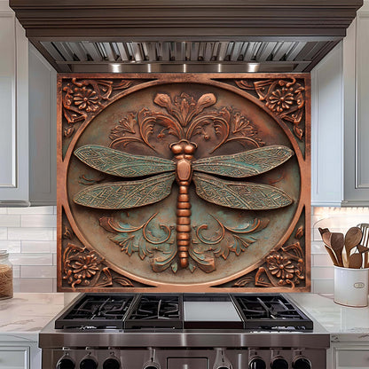 Decorative copper dragonfly glass backsplash above a stove in a kitchen.