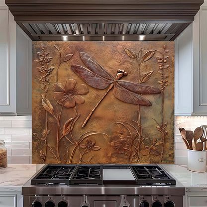 Decorative glass backsplash with a dragonfly and floral design above a stove in a kitchen.