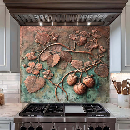 Decorative backsplash with floral and berry design above a stove in a kitchen.