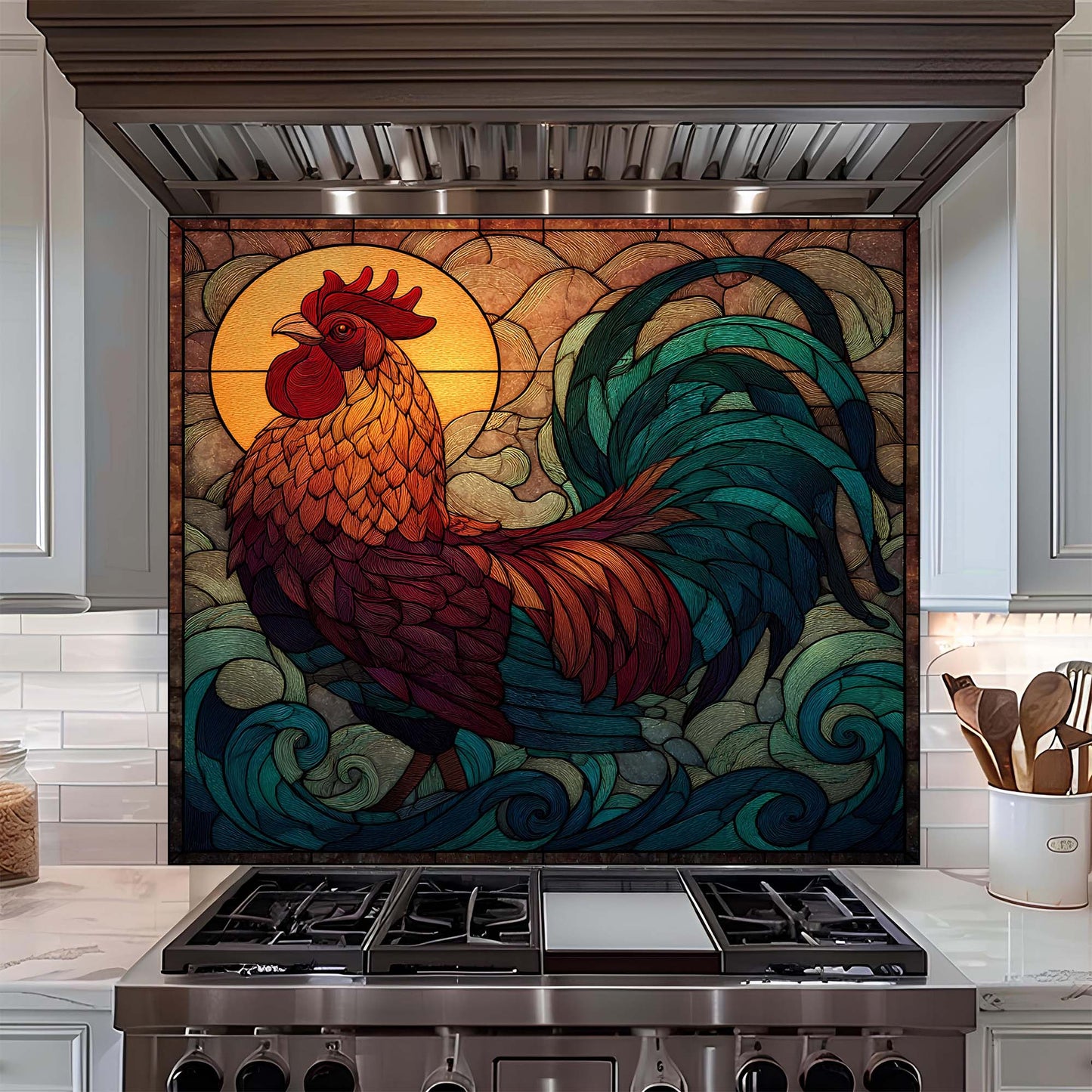 Decorative glass backsplash with a colorful rooster design above a stove in a kitchen.
