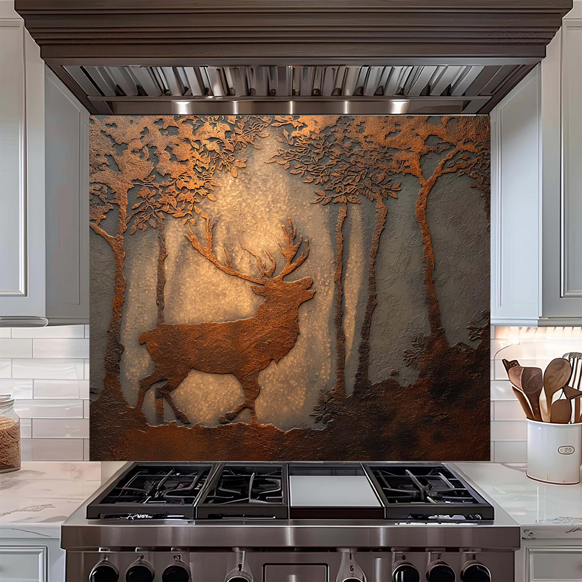 Decorative glass backsplash with a deer design above a stove in a kitchen.