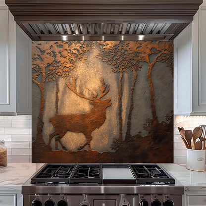 Decorative glass backsplash with a deer design above a stove in a kitchen.
