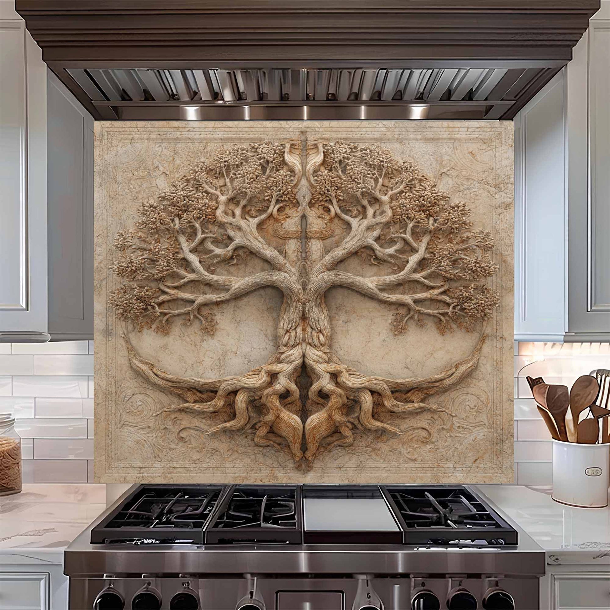 Decorative backsplash with tree design above a kitchen stove