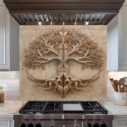 Decorative backsplash with tree design above a kitchen stove