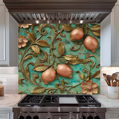 Decorative backsplash with apples and leaves above a stove in a kitchen.