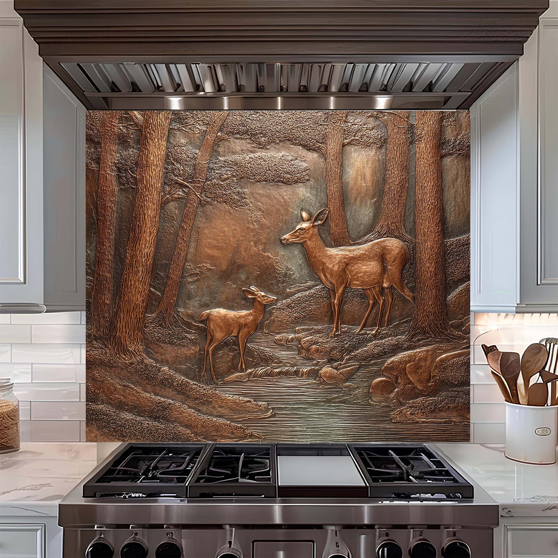 Decorative glass backsplash of deer in a forest over a kitchen stove.