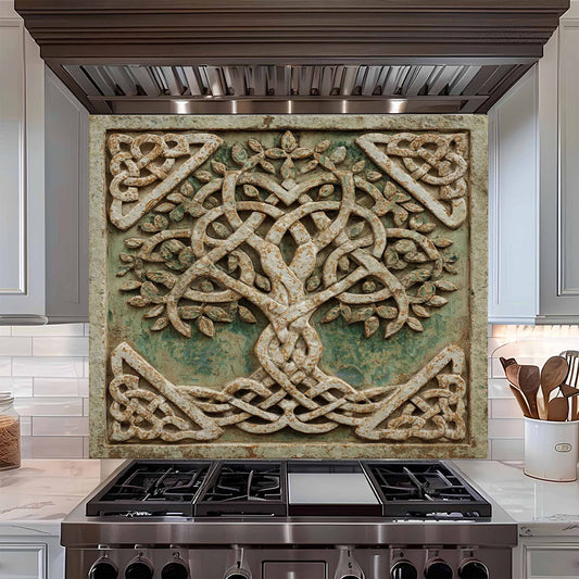 Decorative backsplash with a tree design above a stove in a kitchen.