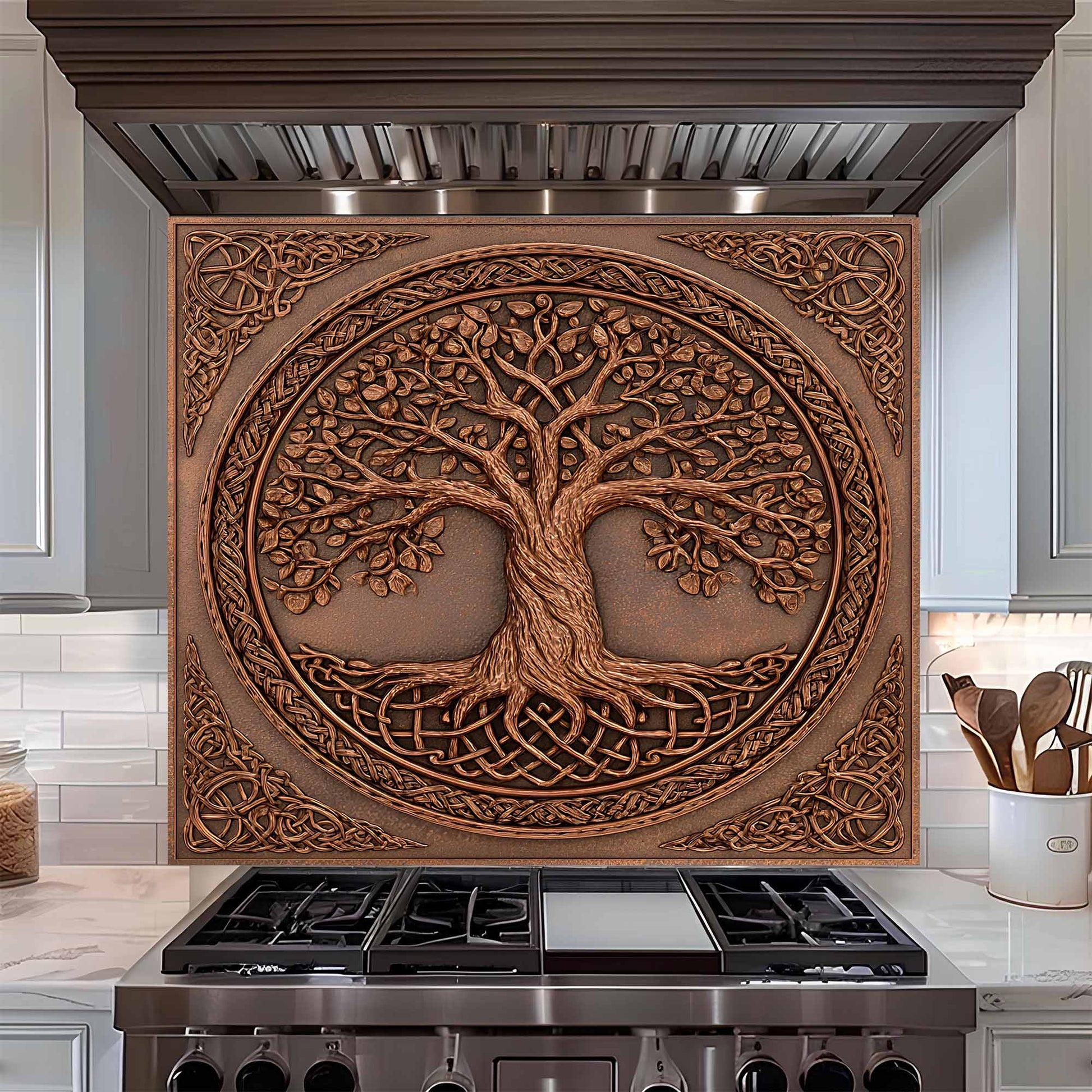 Kitchen backsplash with tree design above a stove in a kitchen.