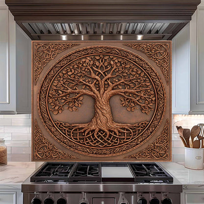 Kitchen backsplash with tree design above a stove in a kitchen.