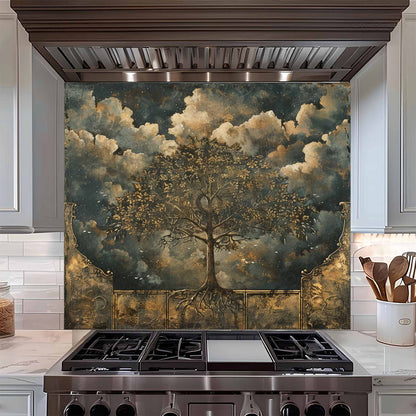 Stainless steel stove with decorative wall art featuring a tree and clouds in a kitchen setting.