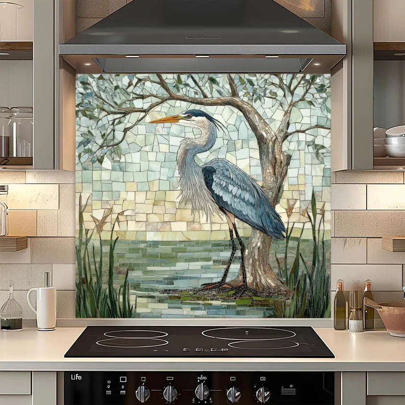 Kitchen with a decorative glass splashback featuring a heron and tree