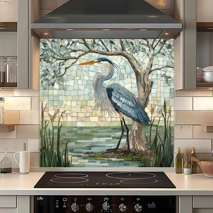 Kitchen with a decorative glass splashback featuring a heron and tree