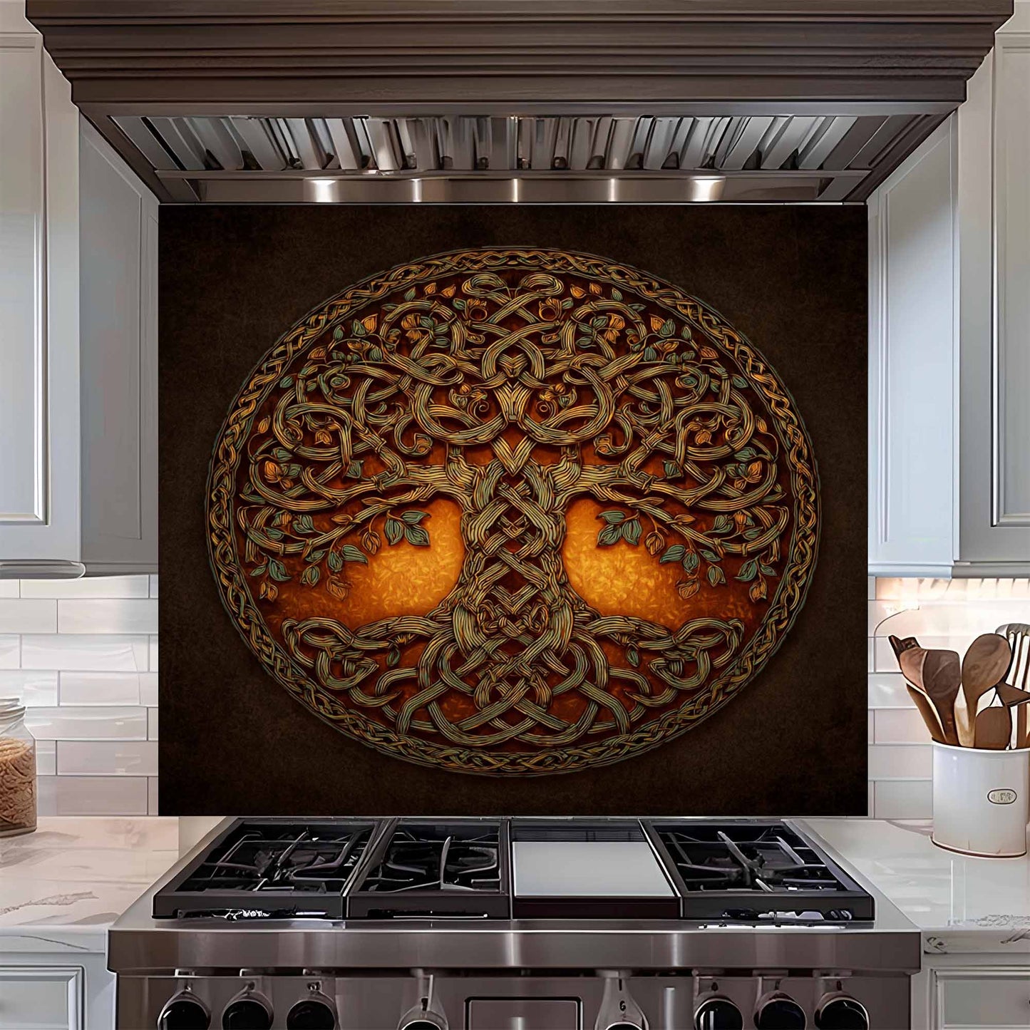 Decorative backsplash with tree design above a stove in a kitchen.