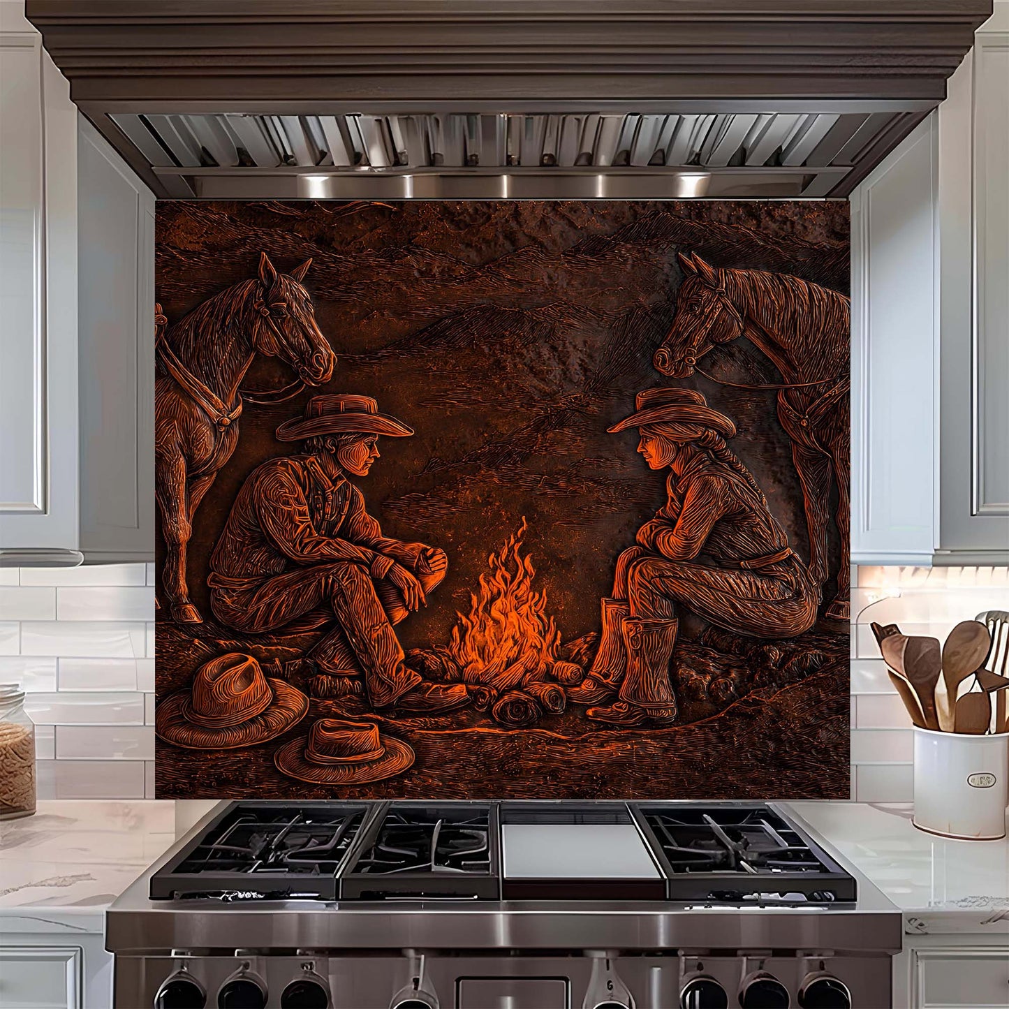 Decorative glass backsplash with cowboys and horses in a rustic setting above a stove.
