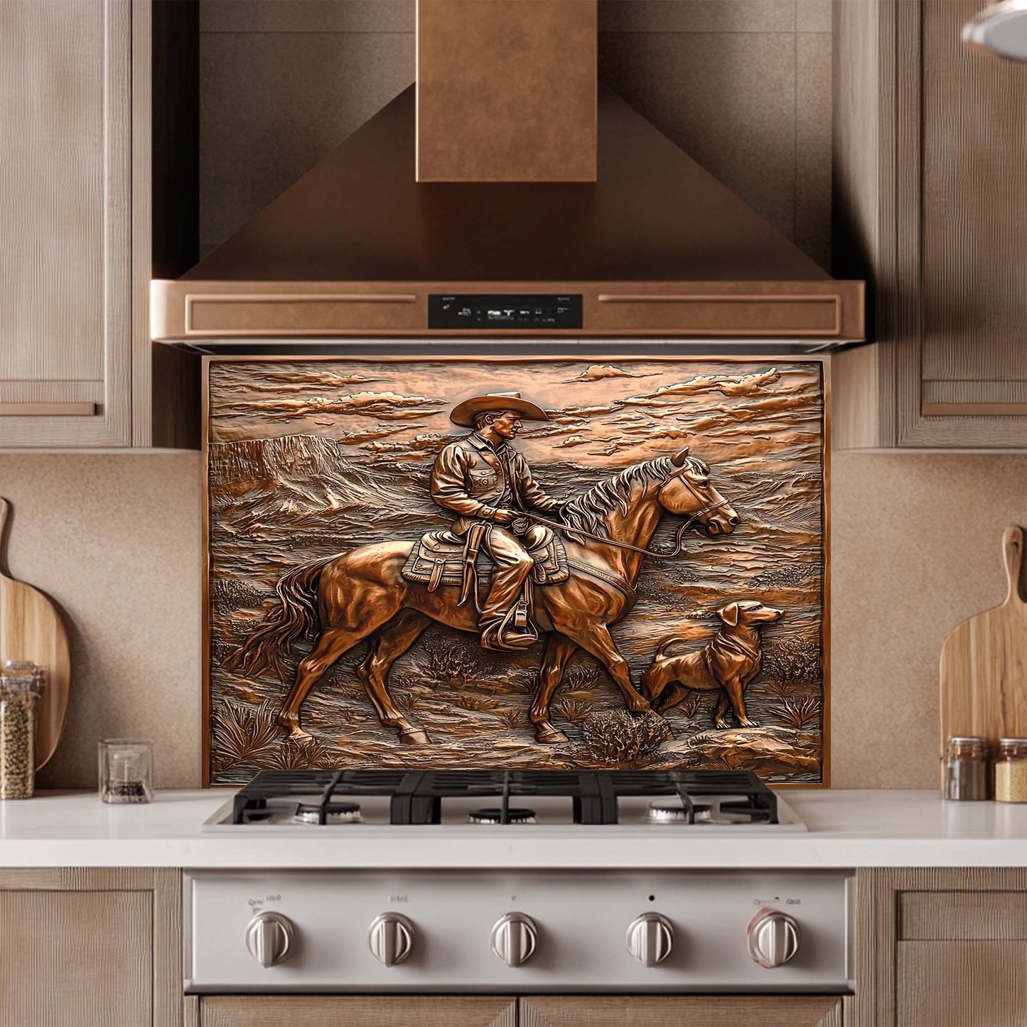 Western copper kitchen glass backsplash with cowboy on horse and dog in desert landscape