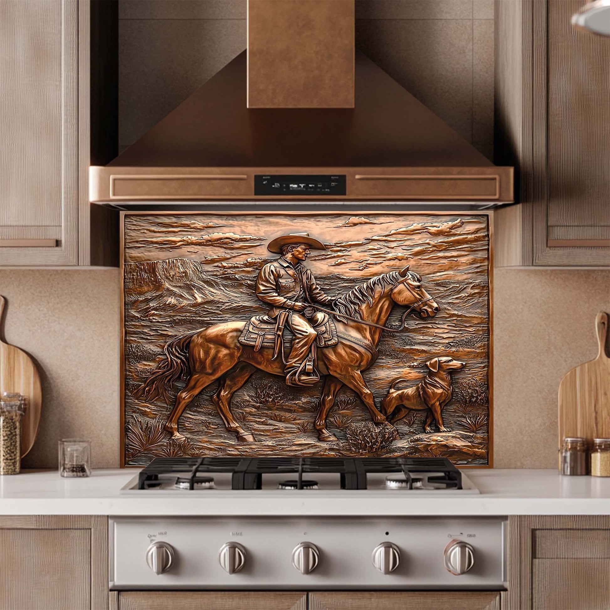 Western copper kitchen glass backsplash with cowboy on horse and dog in desert landscape