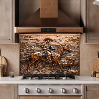 Western copper kitchen glass backsplash with cowboy on horse and dog in desert landscape