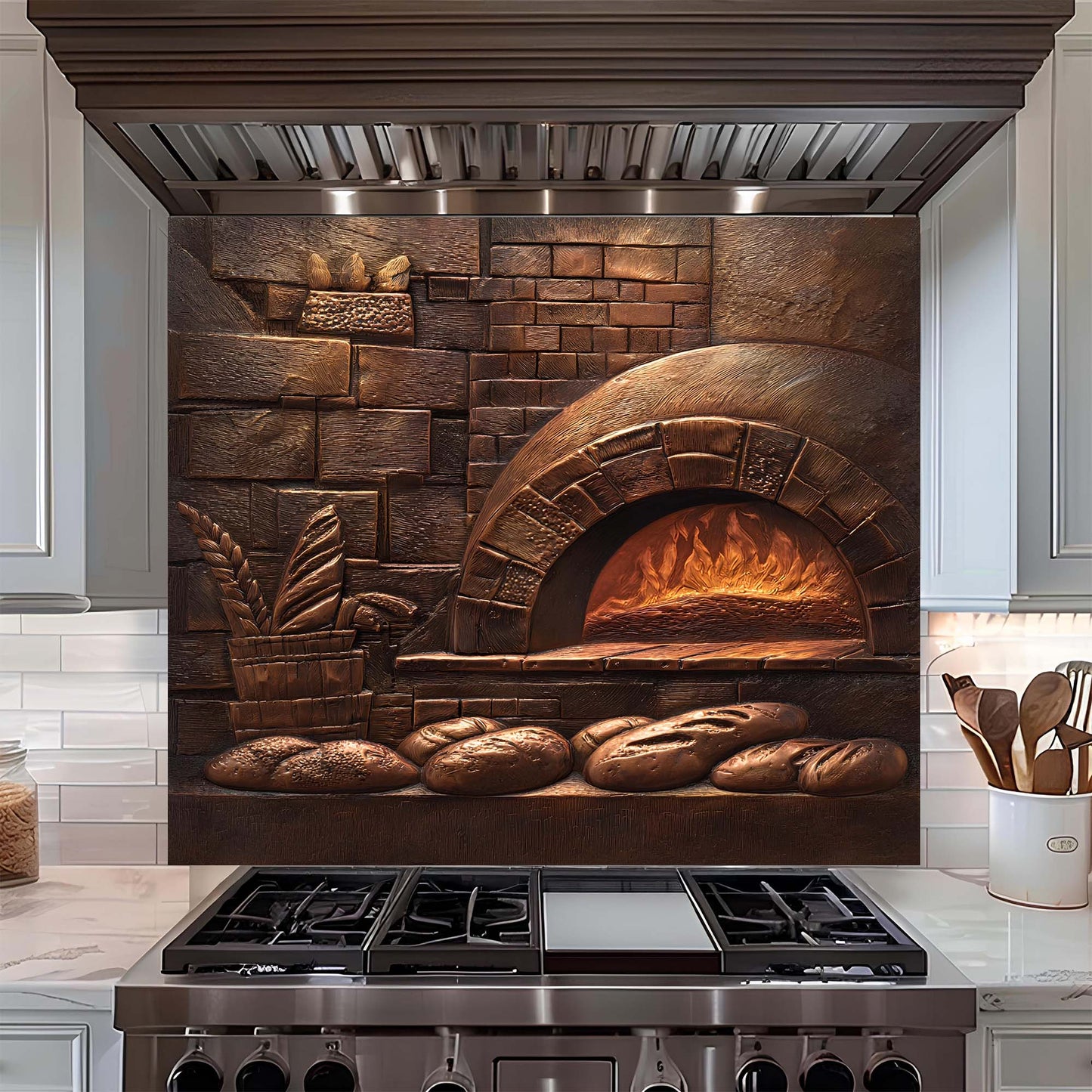 Kitchen with a decorative glass backsplash featuring a brick oven and bread, above a stove.