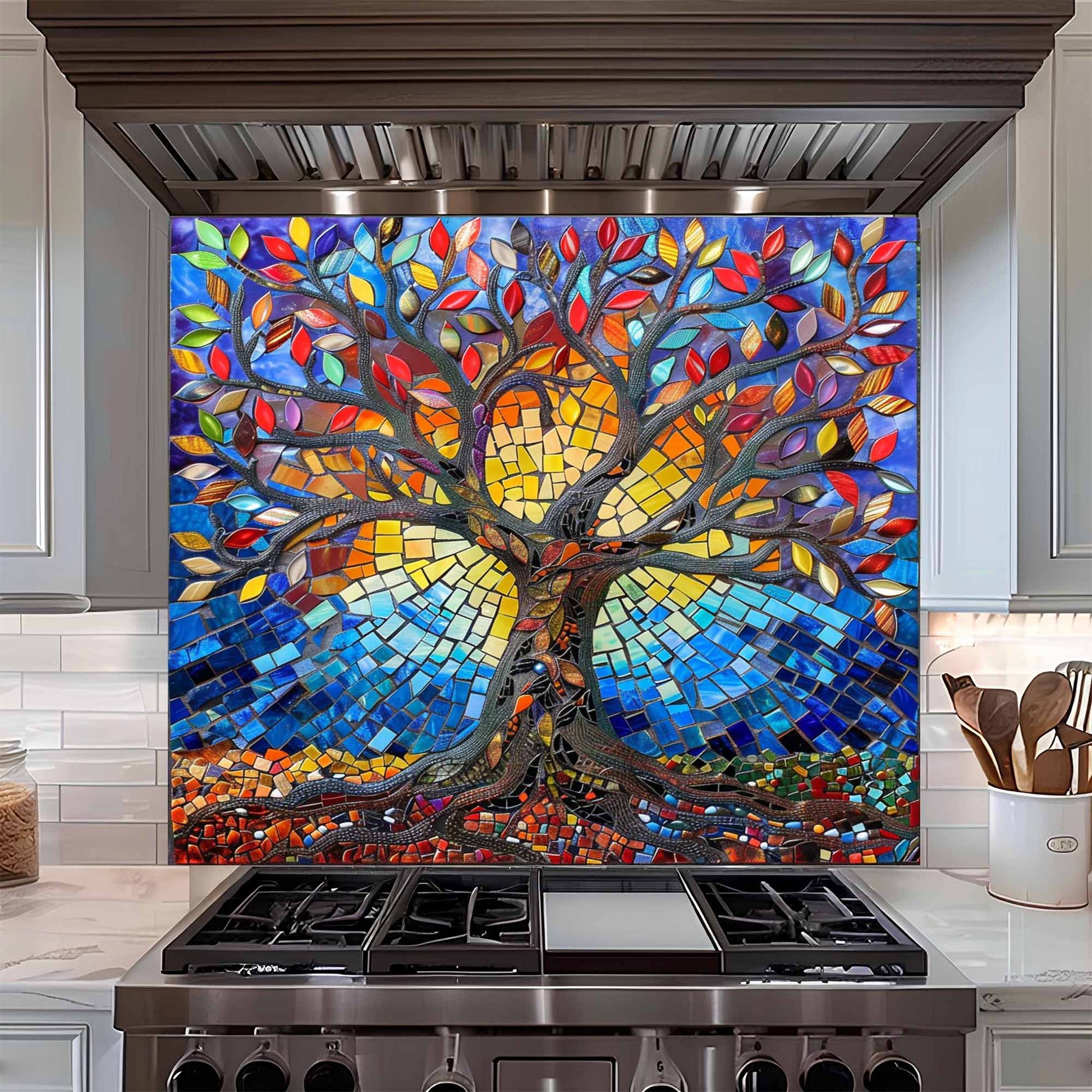 Colorful mosaic tree design on a kitchen backsplash above a stove.