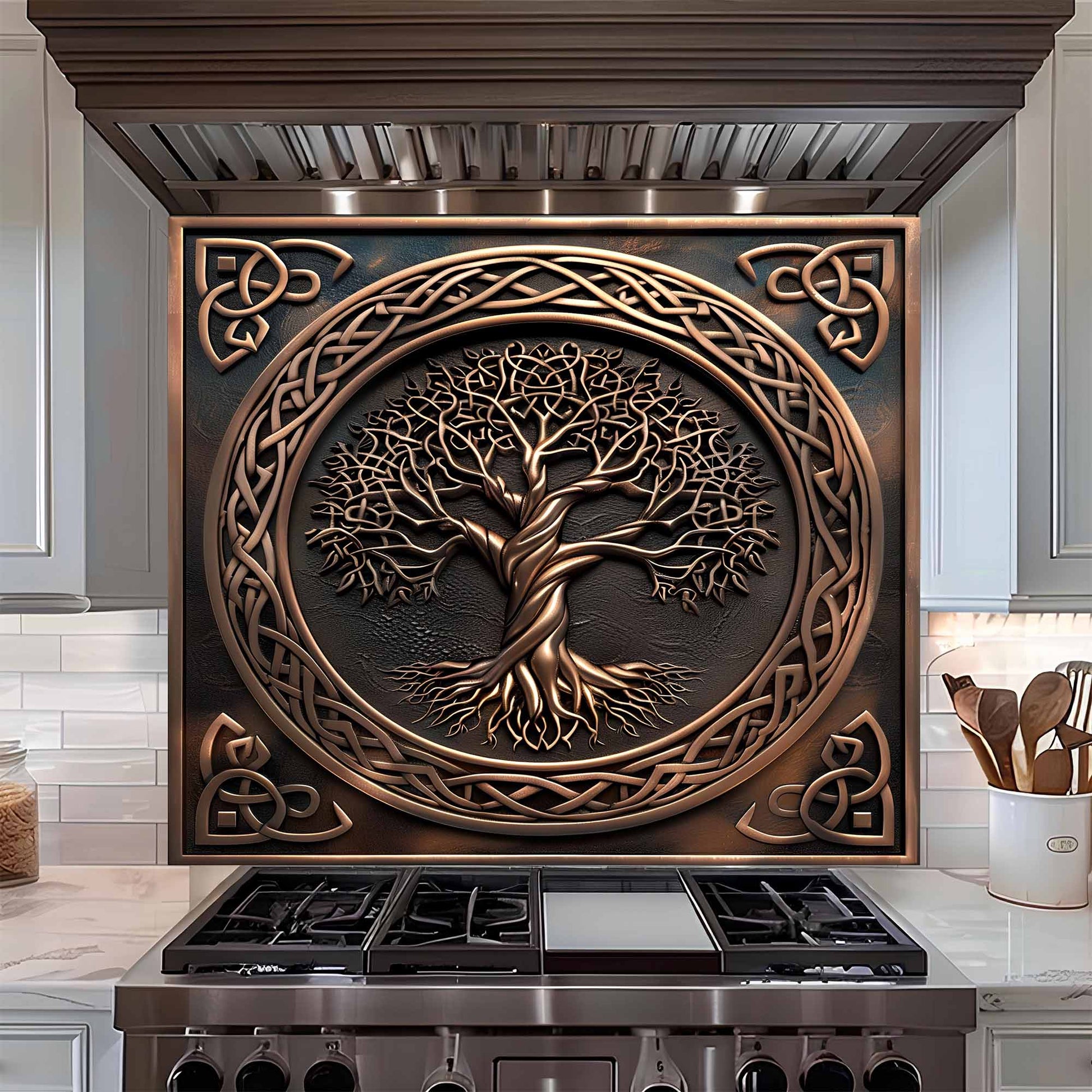 Decorative kitchen backsplash with tree design above a stove in a kitchen setting