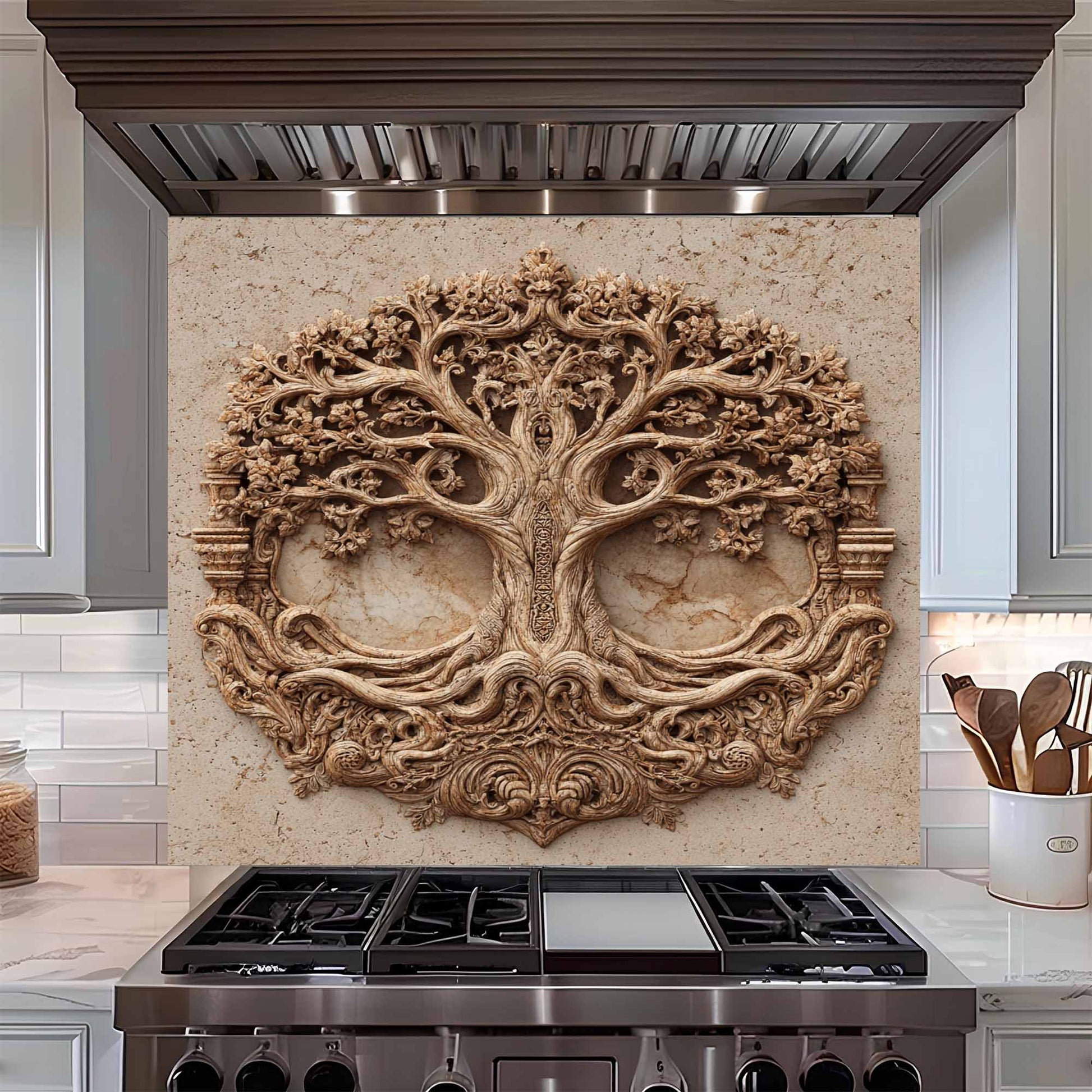 Decorative tree on a kitchen backsplash with stovetop and utensils.