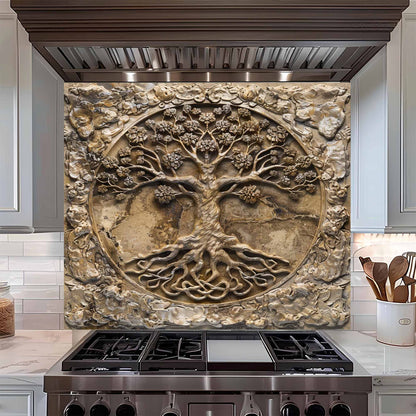 Decorative backsplash of a tree with roots above a stove in a kitchen setting.