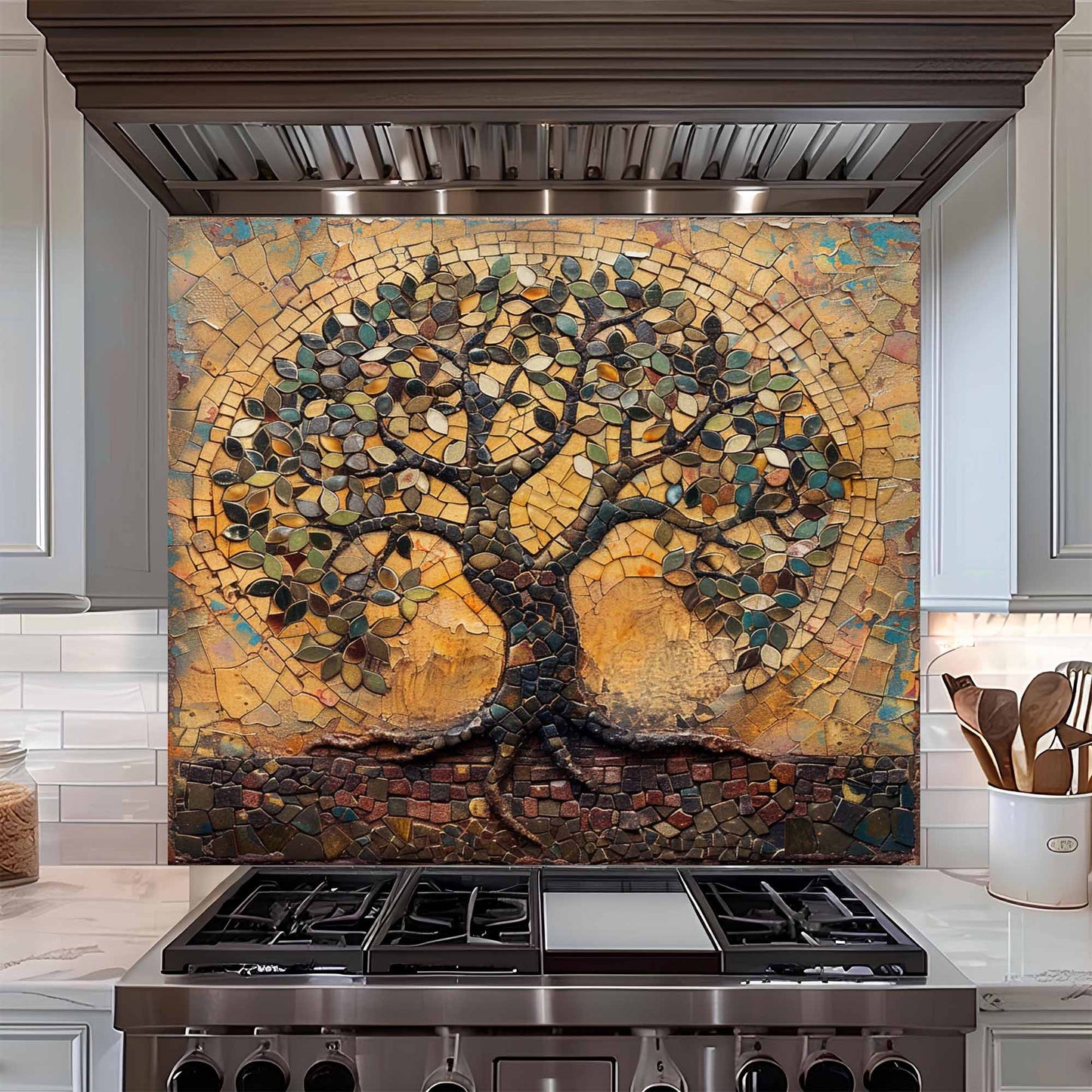 Stainless steel stove with a decorative mosaic glass backsplash above it in a kitchen setting.
