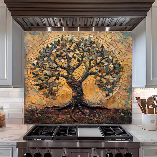Stainless steel stove with a decorative mosaic glass backsplash above it in a kitchen setting.