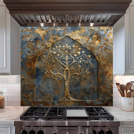 Decorative backsplash with tree design above a stove in a kitchen.