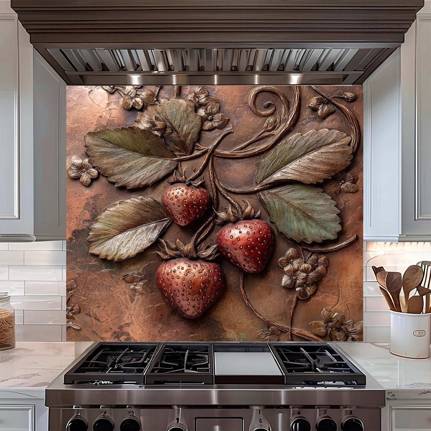 Decorative backsplash with strawberries and leaves above a stove in a kitchen.