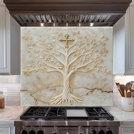 Decorative glass backsplash with a tree design and cross above a stove in a kitchen.