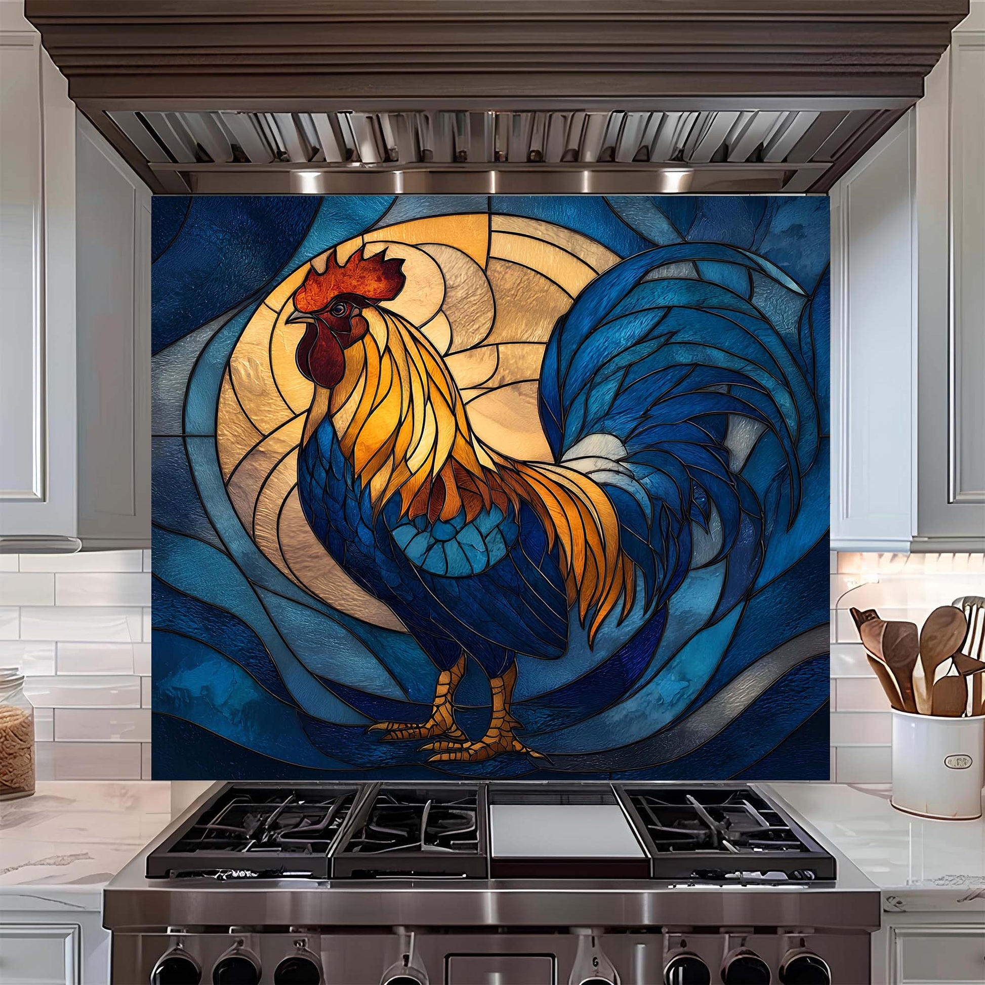 Decorative glass backsplash with a colorful rooster design above a stove in a kitchen.