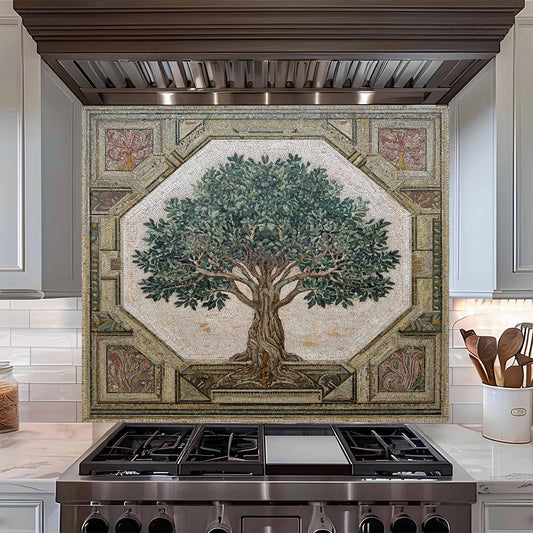 Decorative backsplash with a tree design above a stove in a kitchen.
