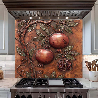 Decorative backsplash with pomegranate design above a stove in a kitchen.