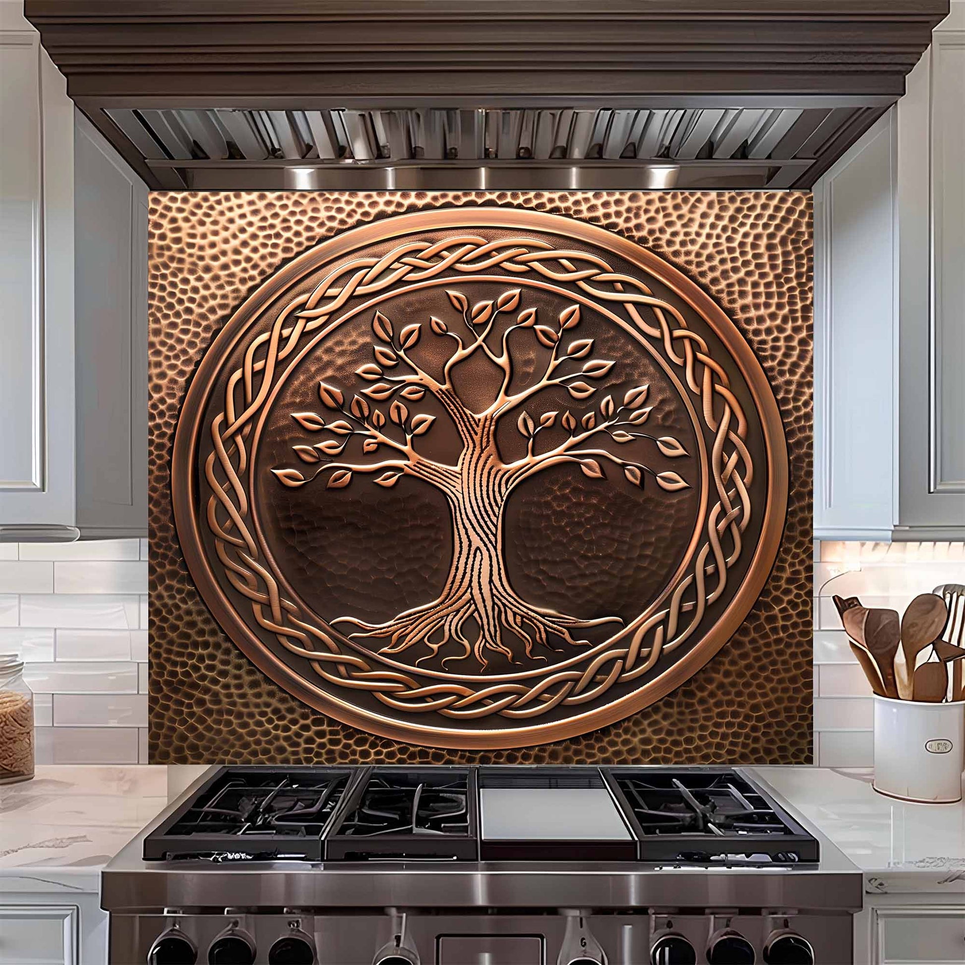 Decorative backsplash with tree design above a stove in a kitchen.