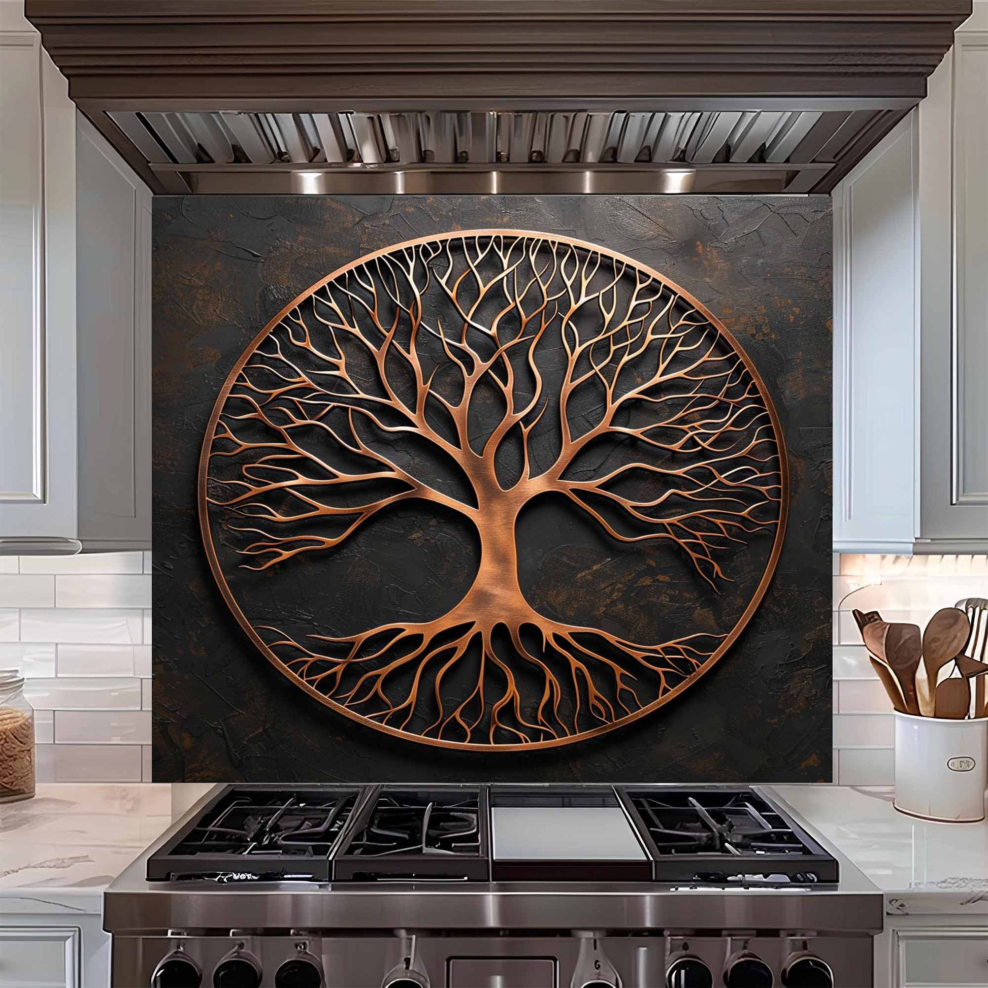 Decorative glass backsplash with copper look tree design above a stove in a kitchen.