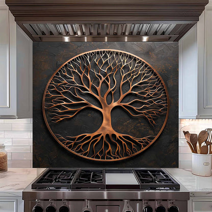 Decorative glass backsplash with copper look tree design above a stove in a kitchen.