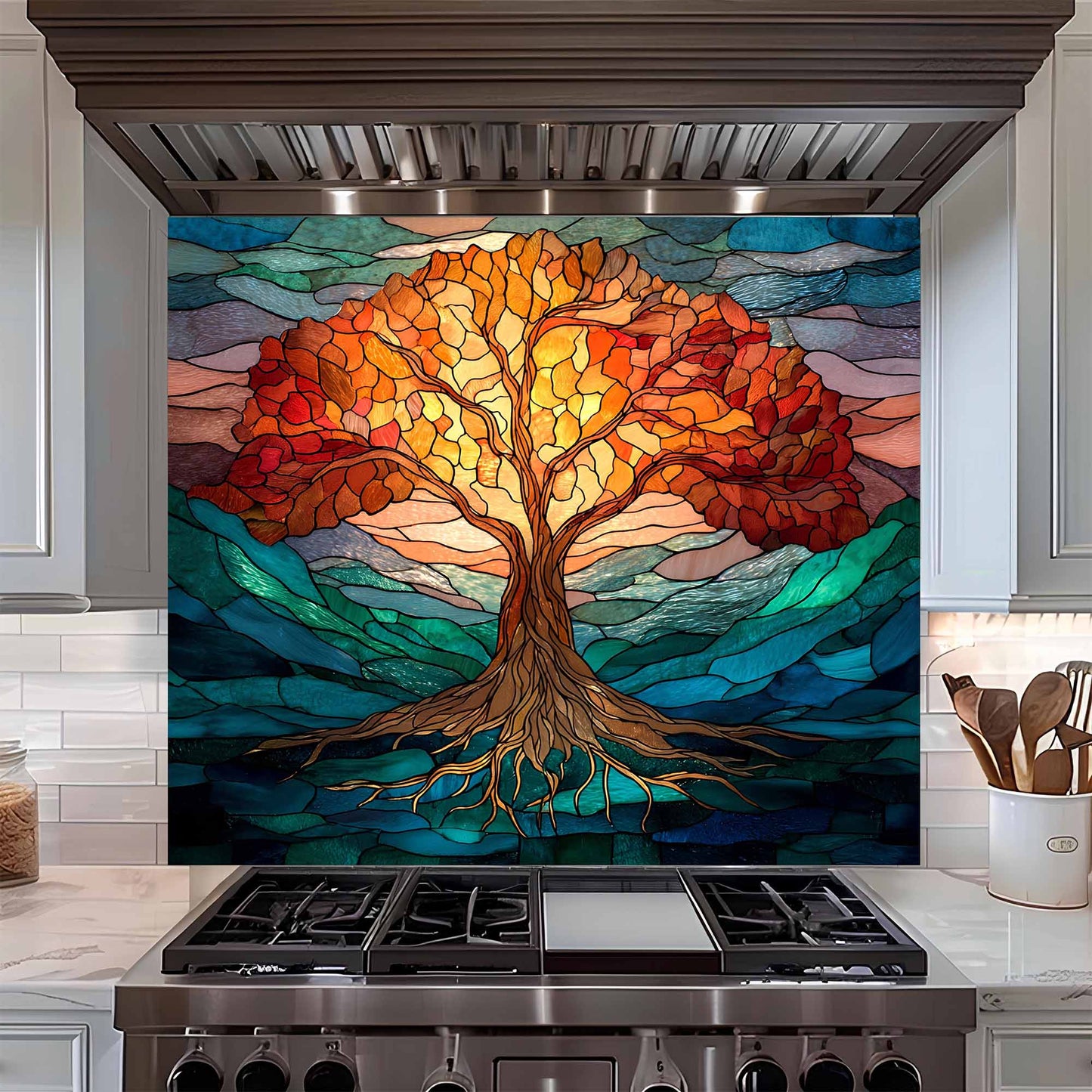 Decorative kitchen backsplash with tree glass
