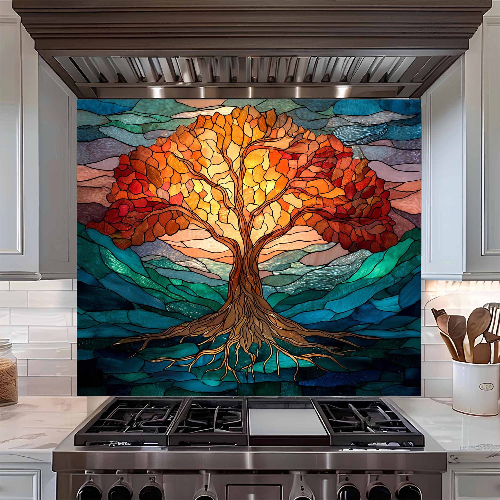 Decorative kitchen backsplash with tree glass