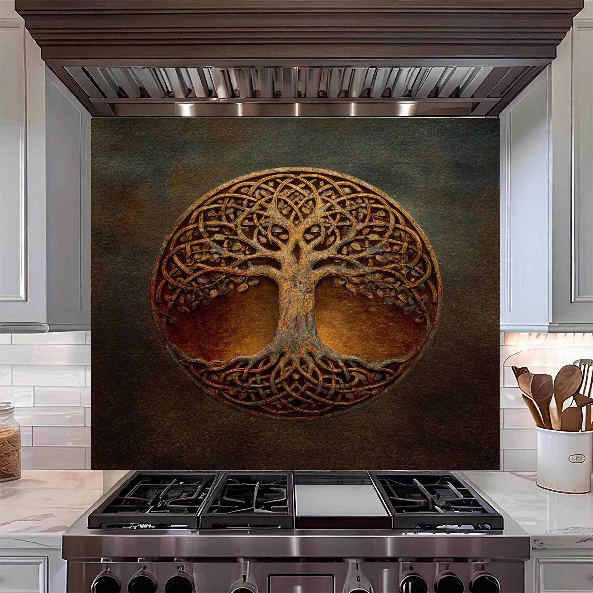 Decorative backsplash with tree of life design above a stove in a kitchen.