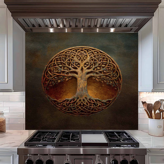 Decorative backsplash with tree of life design above a stove in a kitchen.