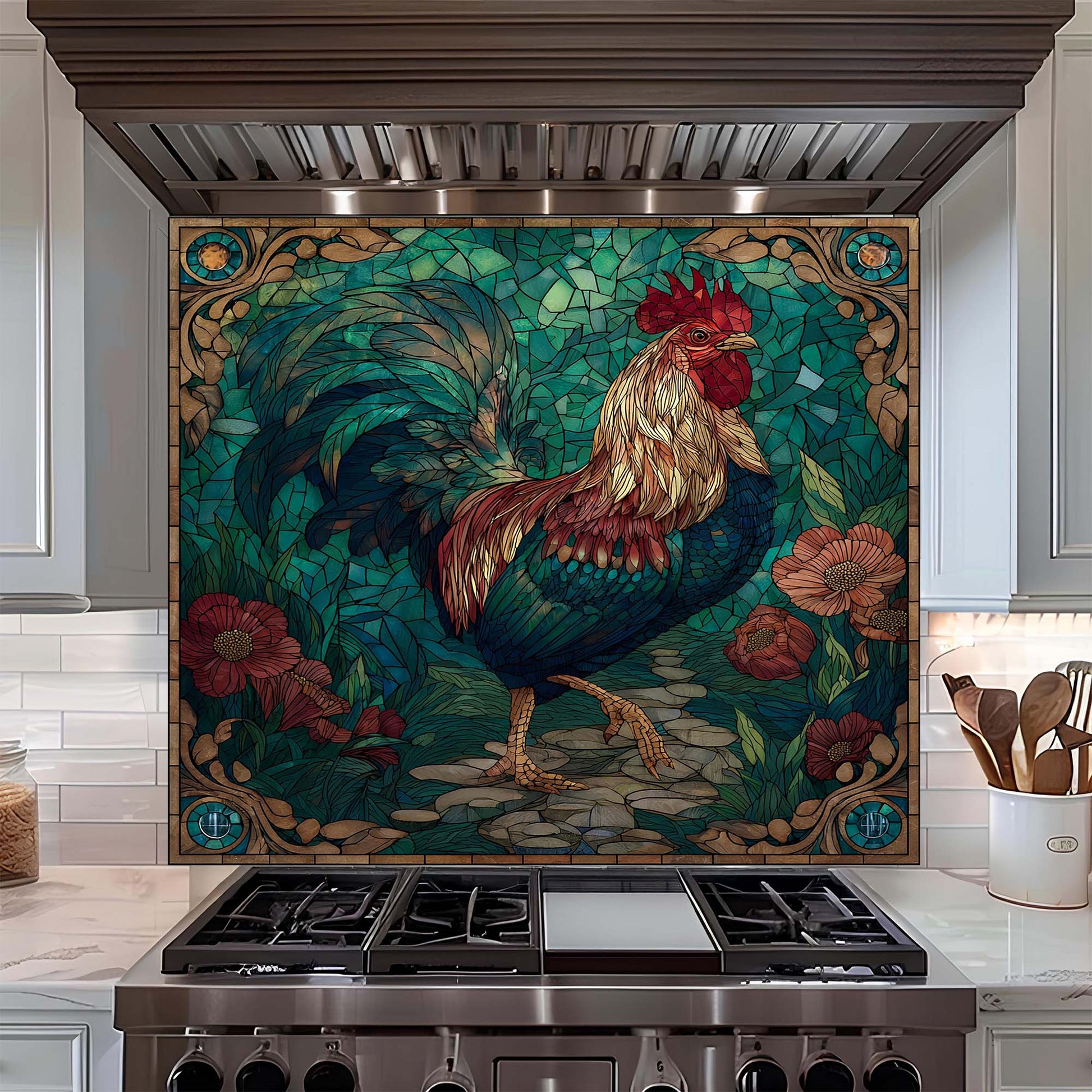 Decorative kitchen backsplash with a rooster design in a kitchen setting.