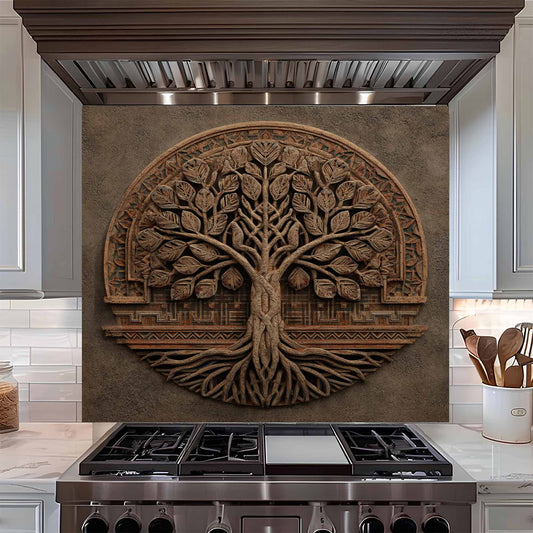 Decorative backsplash of a tree above a kitchen stove with wooden utensils in the background.