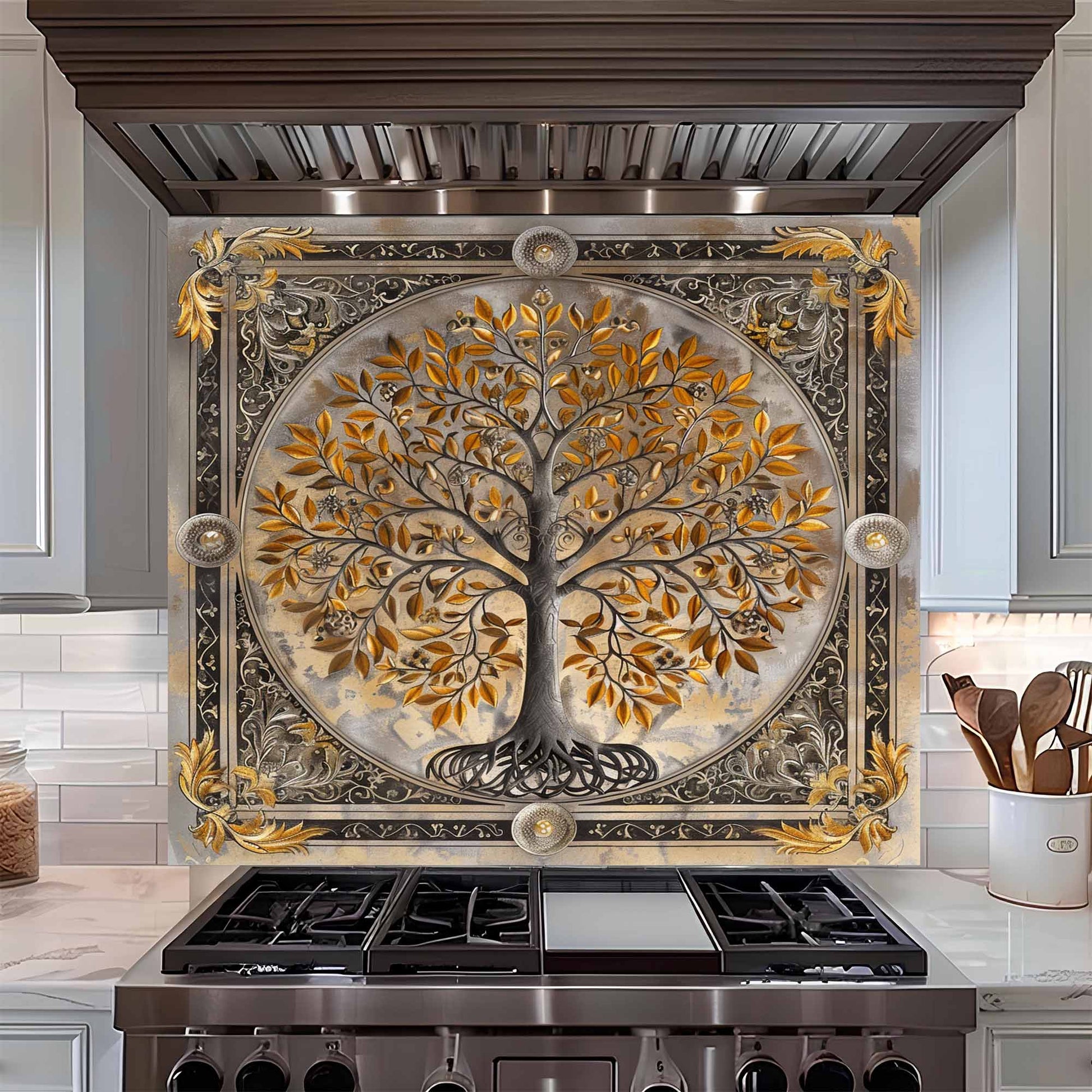 Decorative backsplash with a tree design above a stove in a kitchen setting.